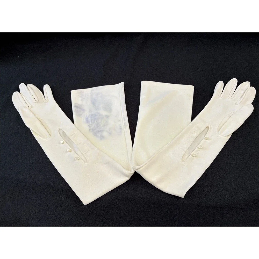 Vintage 50s Ivory Opera Length Gloves Button Evening Prom Cosplay Coquette Flaws